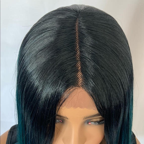 14” Ombre Green (hint of Blue) Premium Fiber Lace Front Wig - Picture 2 of 5
